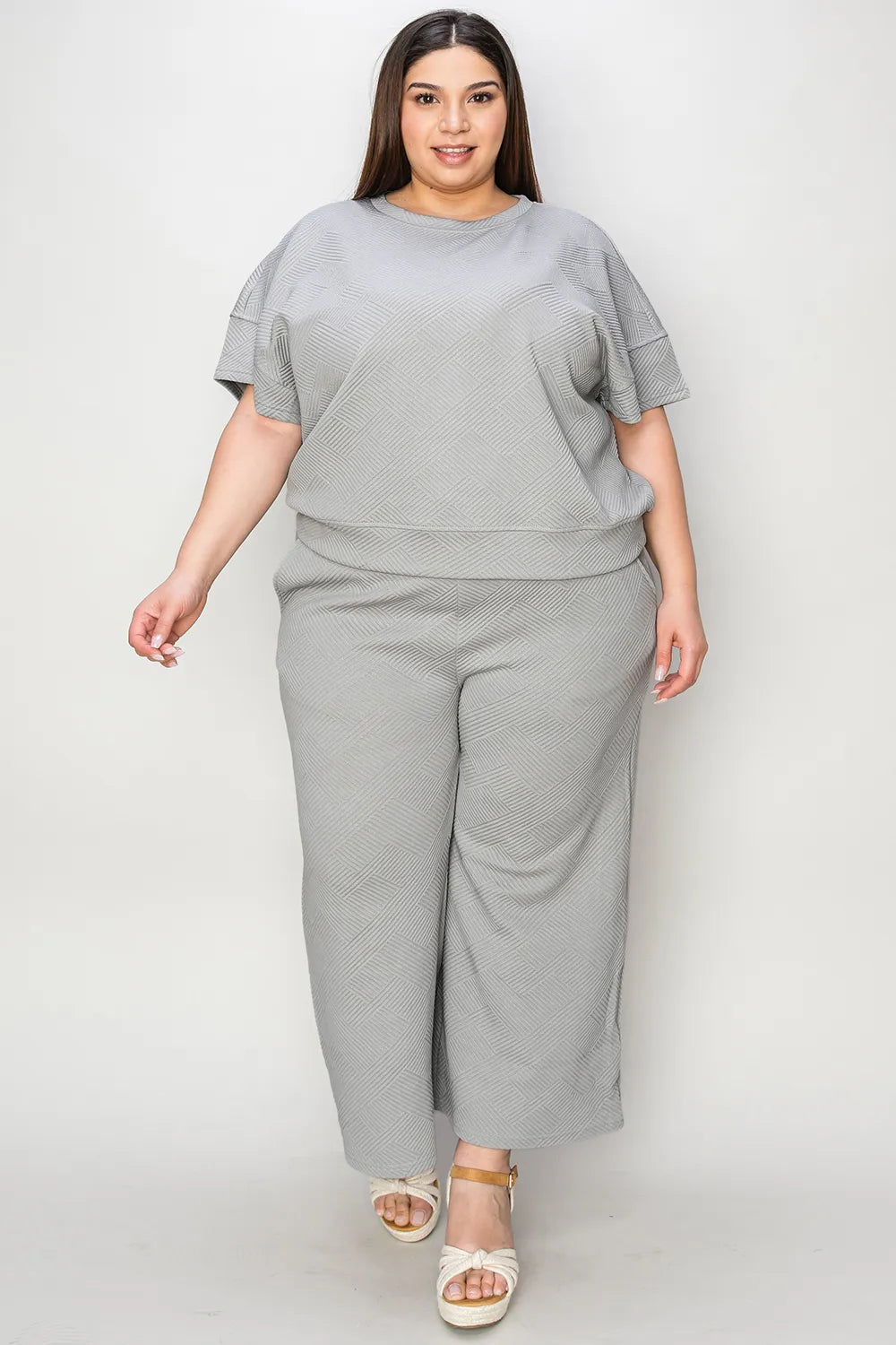 Image of Double Take Full Size Texture Short Sleeve Top and Pants Set | Queeble.shop