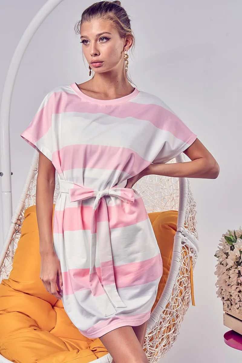 Image of BiBi Tie Front Striped Short Sleeve Dress | Queeble.shop
