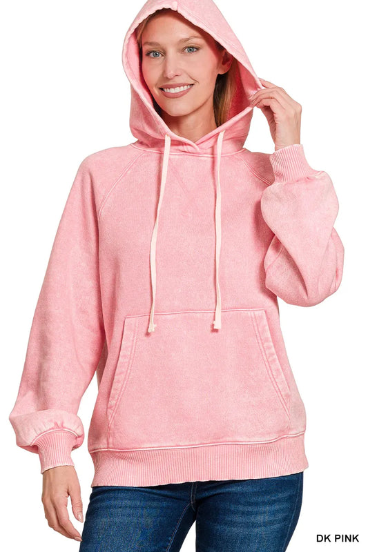 Image of Zenana Acid Wash Fleece Hoodie with Kangaroo Pocket | Queeble.shop