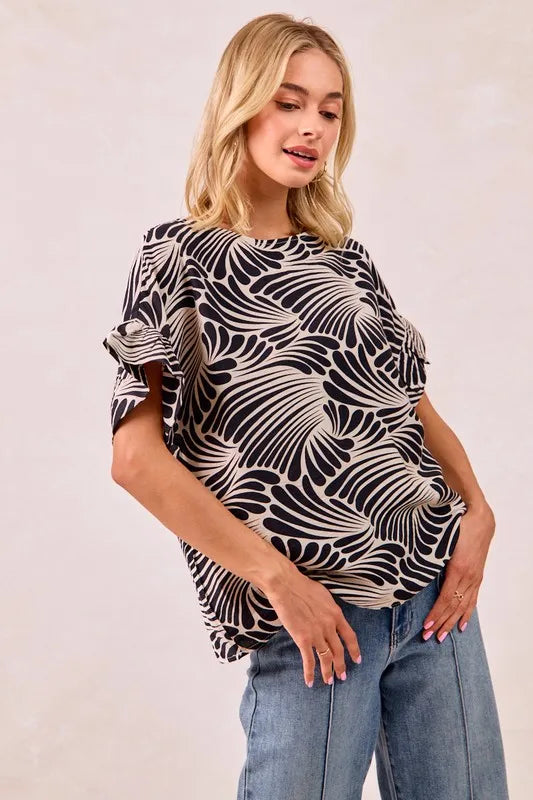Image of BiBi Print Woven Ruffled Sleeves Top | Queeble.shop