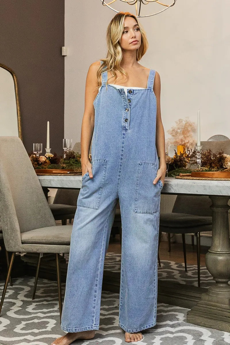 Image of BiBi Washed Denim Buttoned Overall Jumpsuit | Queeble.shop