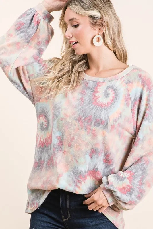 Image of BiBi Brushed Tie Dye Print Top with Puff Sleeves | Queeble.shop
