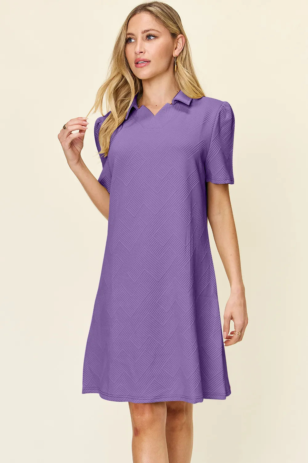 Image of Double Take Full Size Texture Collared Neck Short Sleeve Dress | Queeble.shop