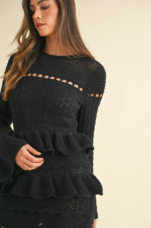 Image of MABLE Long Sleeve Tiered Ruffle Knit Midi Dress | Queeble.shop