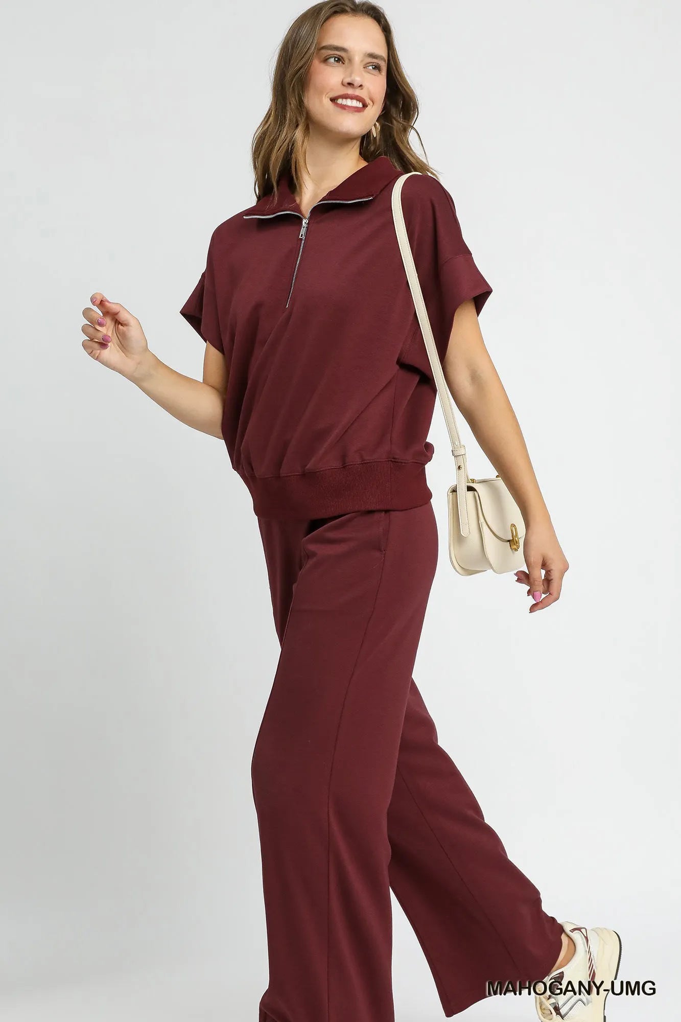 Image of Umgee Full Size Half-Zip Short Sleeve Top Plus Size | Queeble.shop