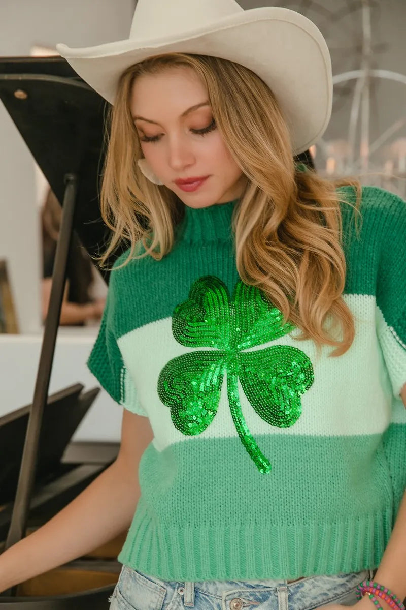 Image of BiBi Sequin Clover Embroidery Color Block Sweater | Queeble.shop