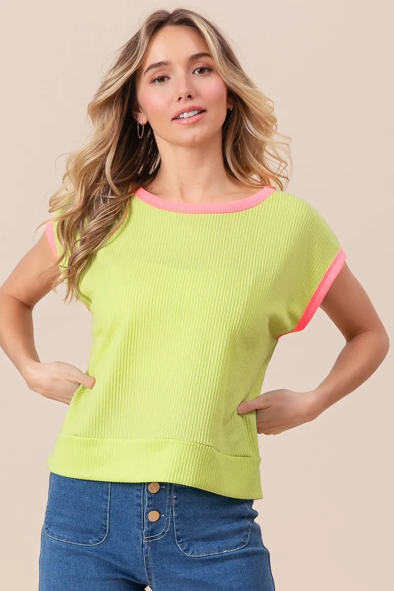 Image of BiBi Cord Rib Knit Contrast Banded Top | Queeble.shop