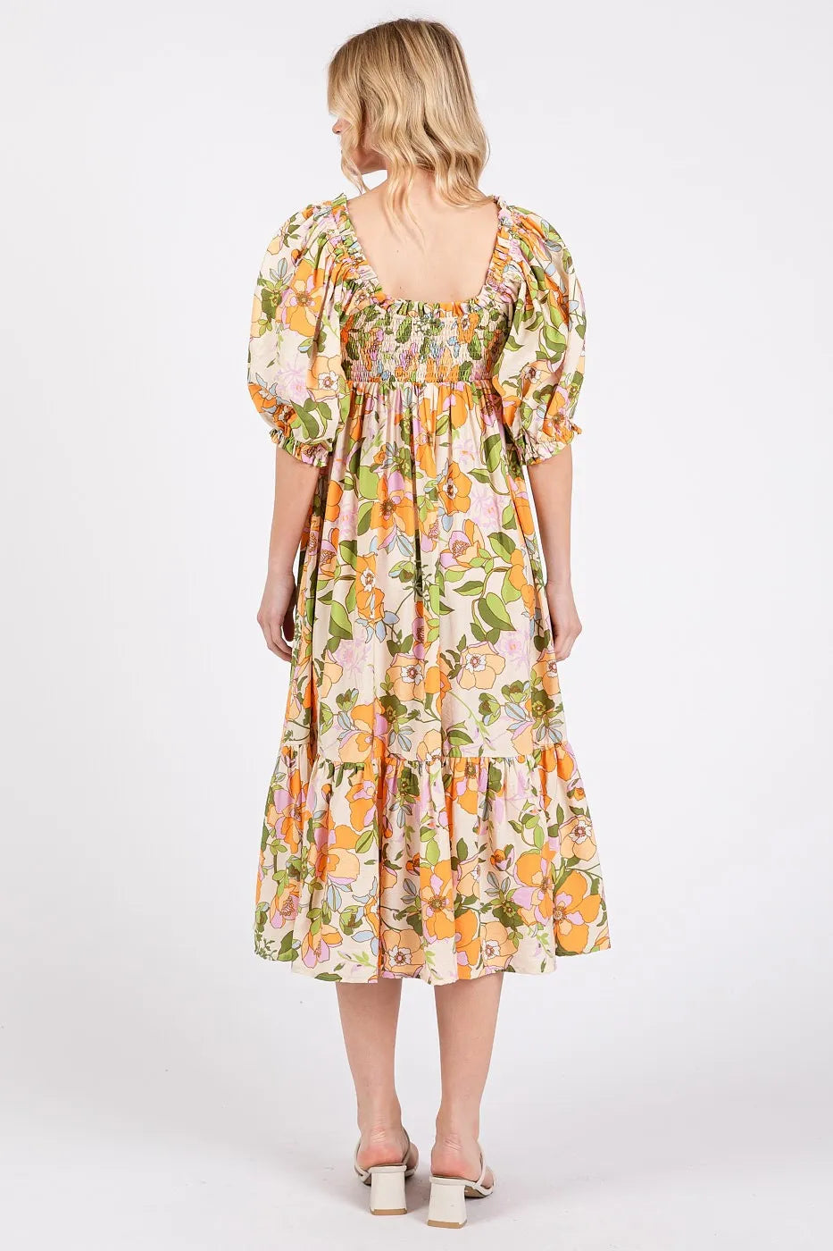 Image of Mittoshop Flower Print Puff Sleeve Ruffle Smocked Midi Dress | Queeble.shop