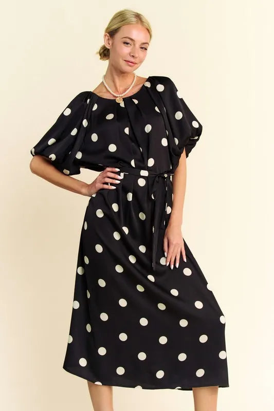 Image of Davi & Dani Polka Dot Puff Sleeves Waist Tie Midi Dress | Queeble.shop