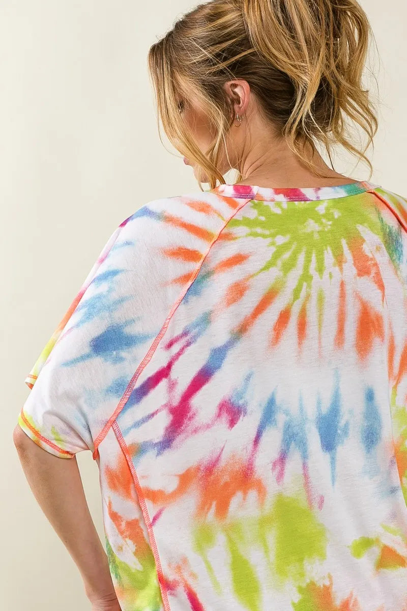 Image of BiBi Tie Dye Print Jersey Stitched Uneven Hem Top | Queeble.shop