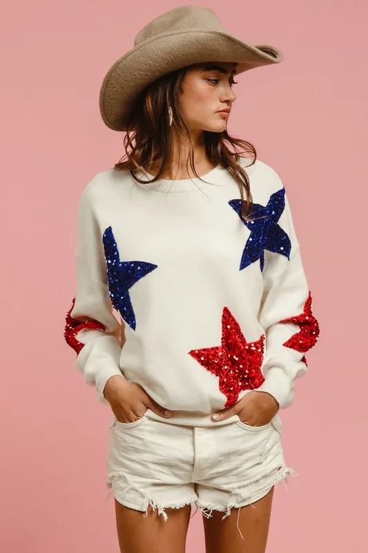 Image of BiBi Velvet Sequin Star Patches Sweater Top | Queeble.shop