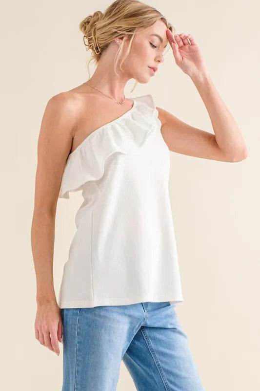 Image of And The Why Ruffle One Shoulder Sleeveless Tank Top | Queeble.shop