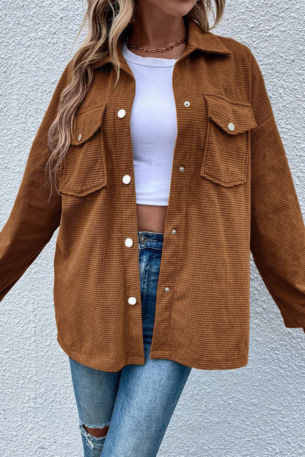 Image of Pocketed Snap Down Long Sleeve Jacket | Queeble.shop