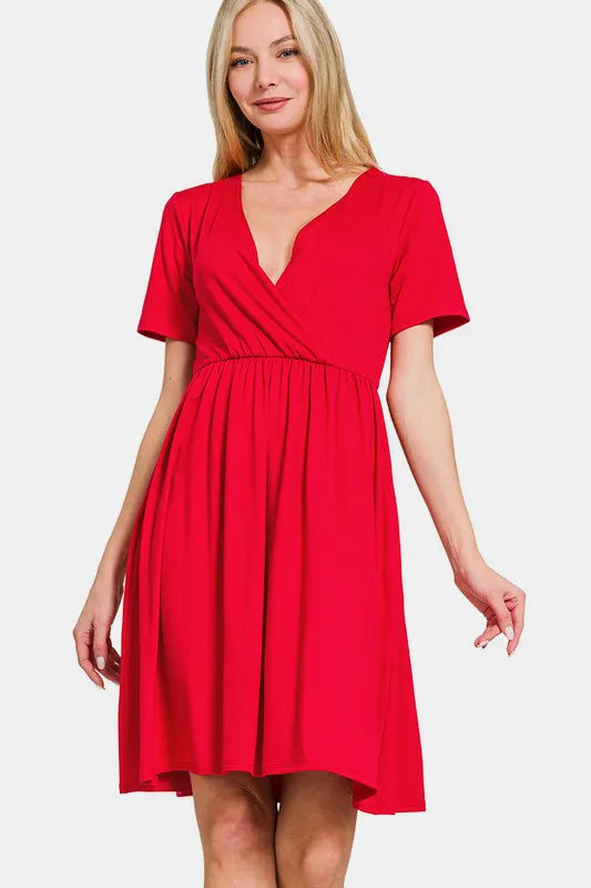 Image of Zenana Surplice Short Sleeve Brushed DTY Dress | Queeble.shop