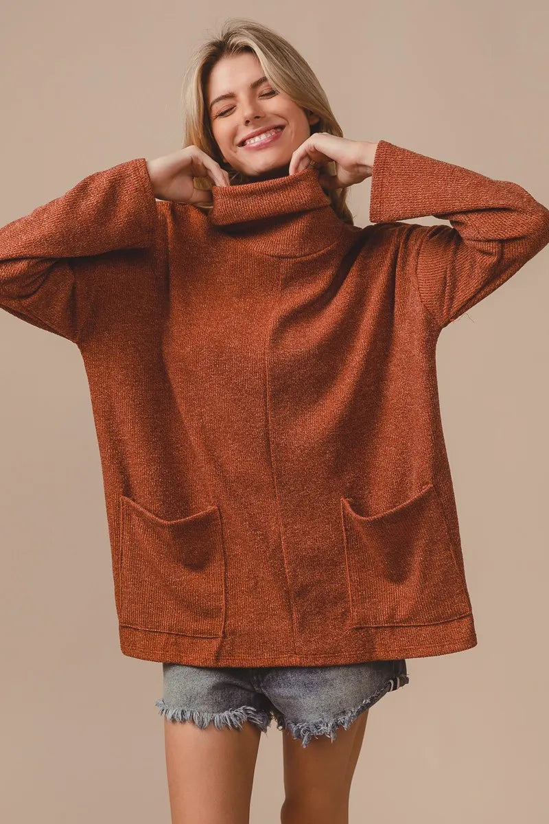 Image of BiBi Piper Rib Double Pocket Turtle Neck Sweater | Queeble.shop