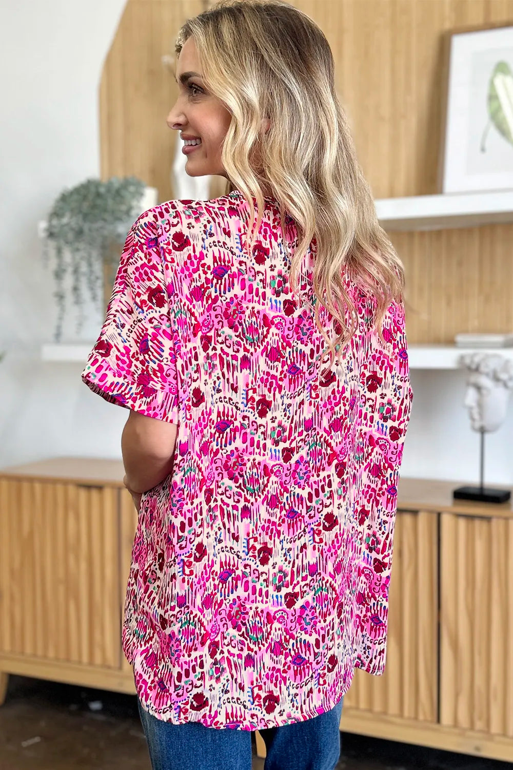 Image of Double Take Full Size Printed V-Neck Short Sleeve Blouse | Queeble.shop