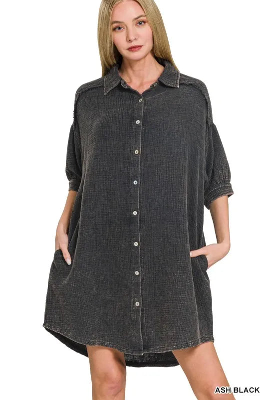 Image of Zenana Washed Double Gauze Button Down Shirt Dress | Queeble.shop