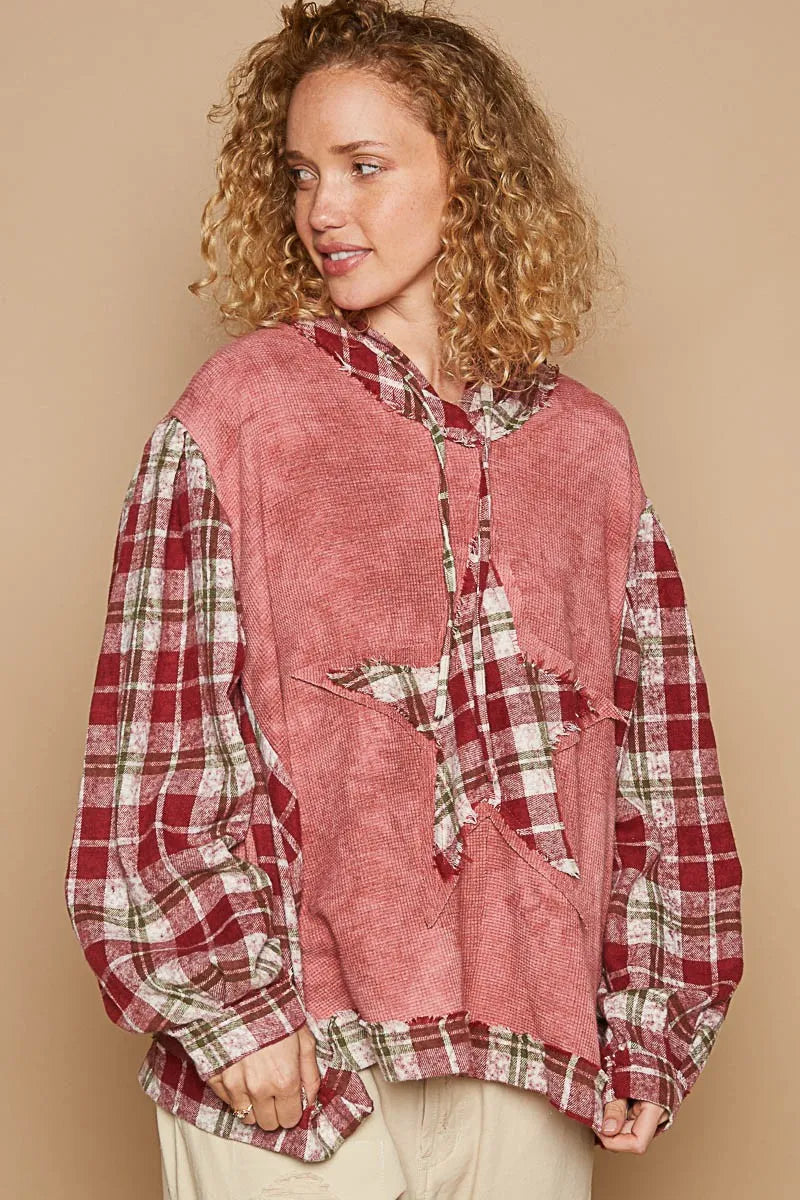 Image of POL Star Patch Plaid Long Sleeve Hooded Top | Queeble.shop