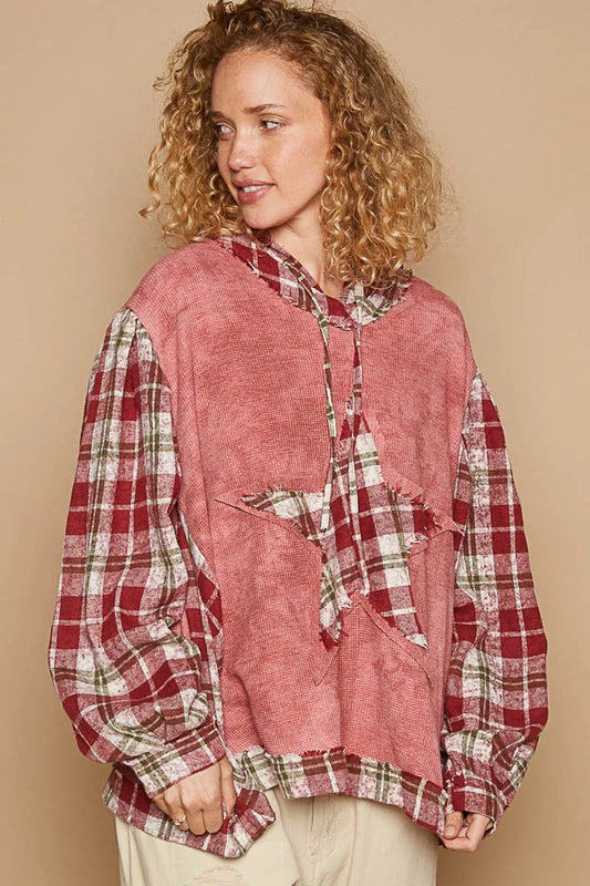 Image of POL Star Patch Plaid Long Sleeve Hooded Top | Queeble.shop