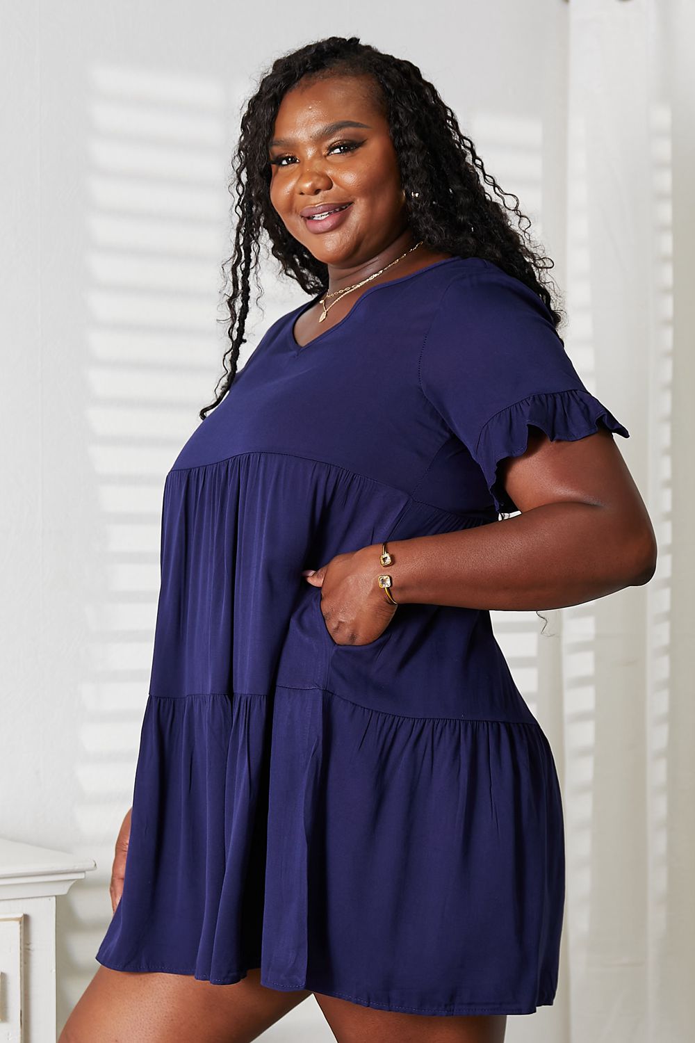 Image of Mandy V-Neck Flounce Sleeve Tiered Dress | Queeble.shop