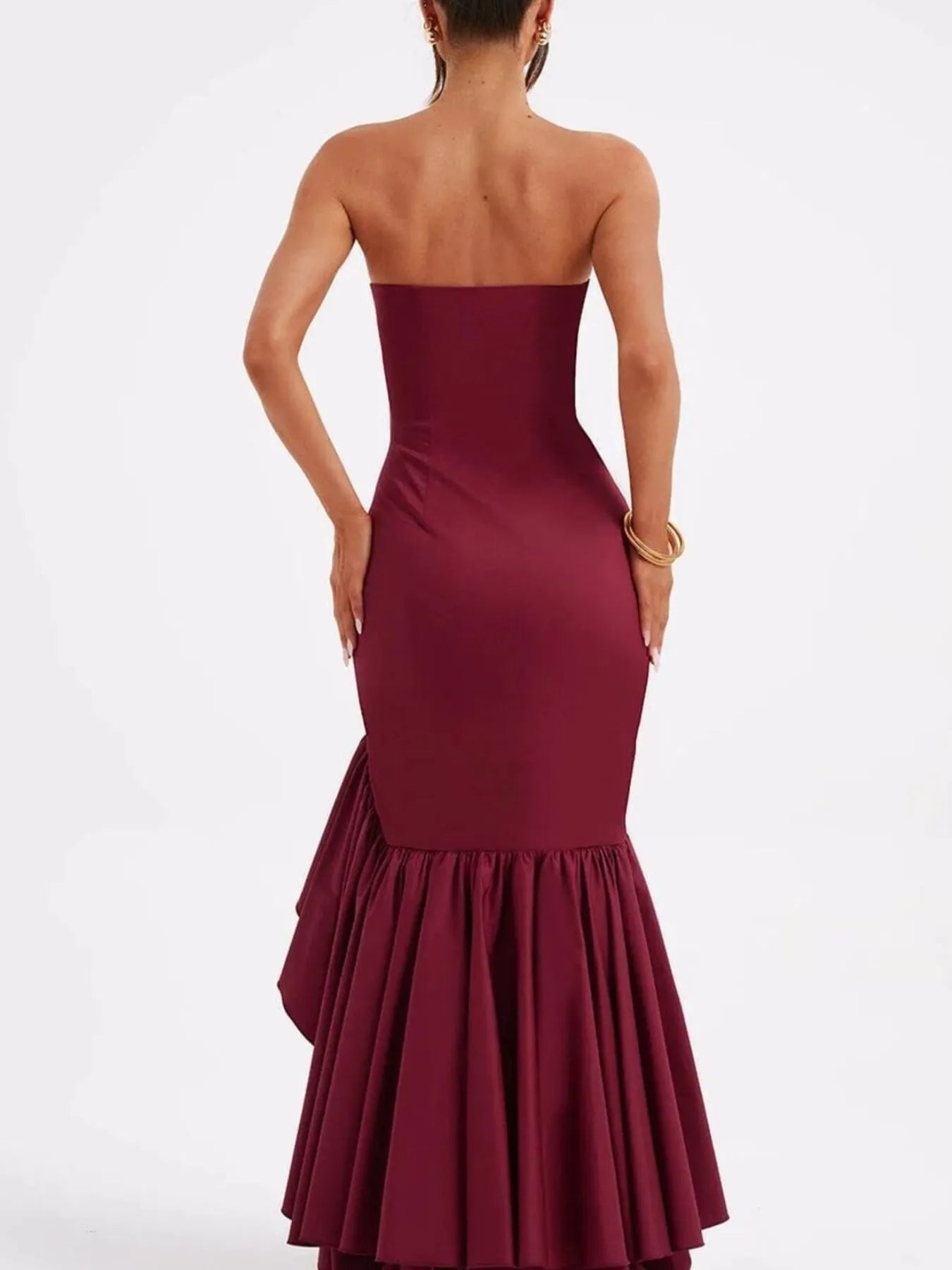 Image of Strapless Ruffle High-Low Bodycon Dress | Queeble.shop