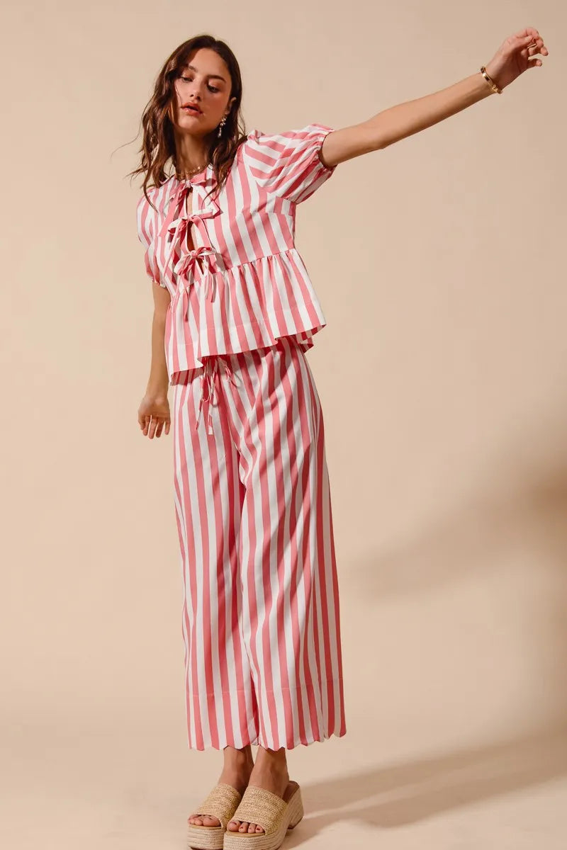 Image of SO ME Front Tie Stripe Top With Puff Sleeves and Wide Leg Pants Set | Queeble.shop