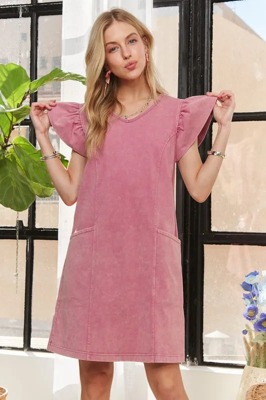 Image of ADORA Mineral Washed V-Neck Ruffled Cap Sleeve Dress | Queeble.shop