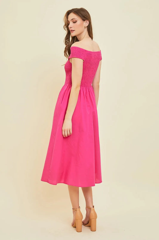 Image of HEYSON Off-Shoulder Smocked Midi Dress | Queeble.shop