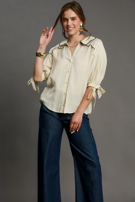 Image of Umgee Full Size Embroidered Detail Button Down Shirt Plus Size | Queeble.shop