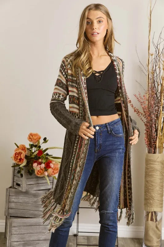 Image of ADORA Full Size Fringe Hem Aztec Cardigan Plus Size | Queeble.shop
