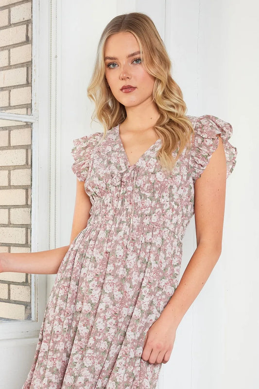 Image of Mittoshop Flower Print Ruffle Cap Sleeve V-neck Midi Dress | Queeble.shop