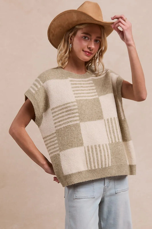 Image of BiBi Checker With Stripes Pattern Sleeveless Sweater | Queeble.shop