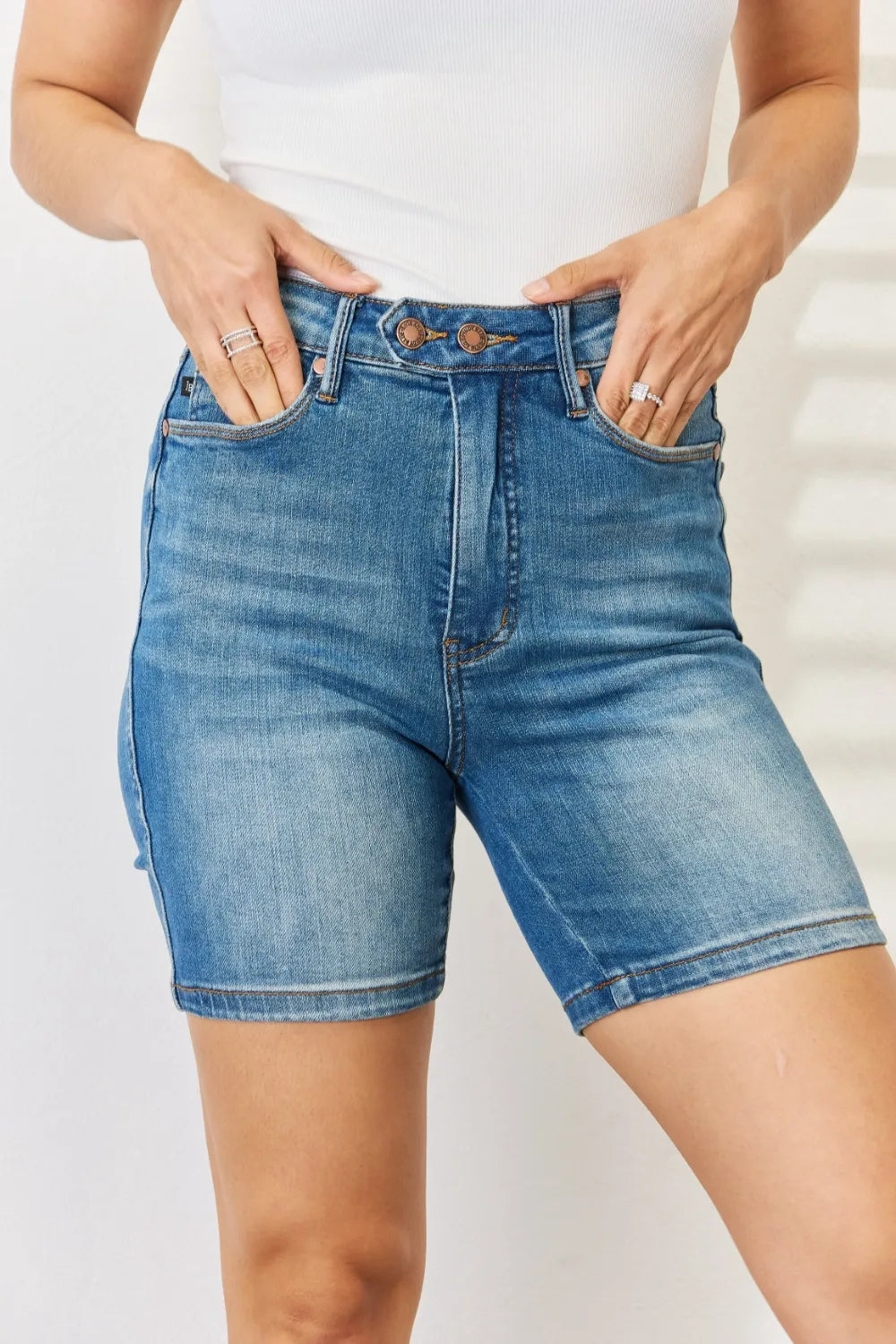 Image of Judy Blue Full Size Tummy Control Double Button Bermuda Denim Shorts | Queeble.shop