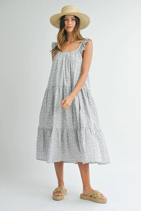 Image of MABLE Floral Ruffle Shoulder Tiered Midi Dress | Queeble.shop