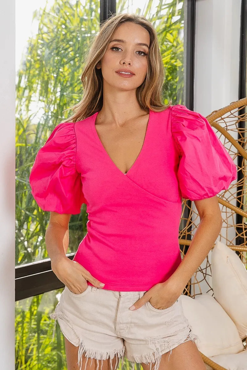 Image of BiBi Front Wrap V-Neck Puff Sleeve Rib Knit Top | Queeble.shop