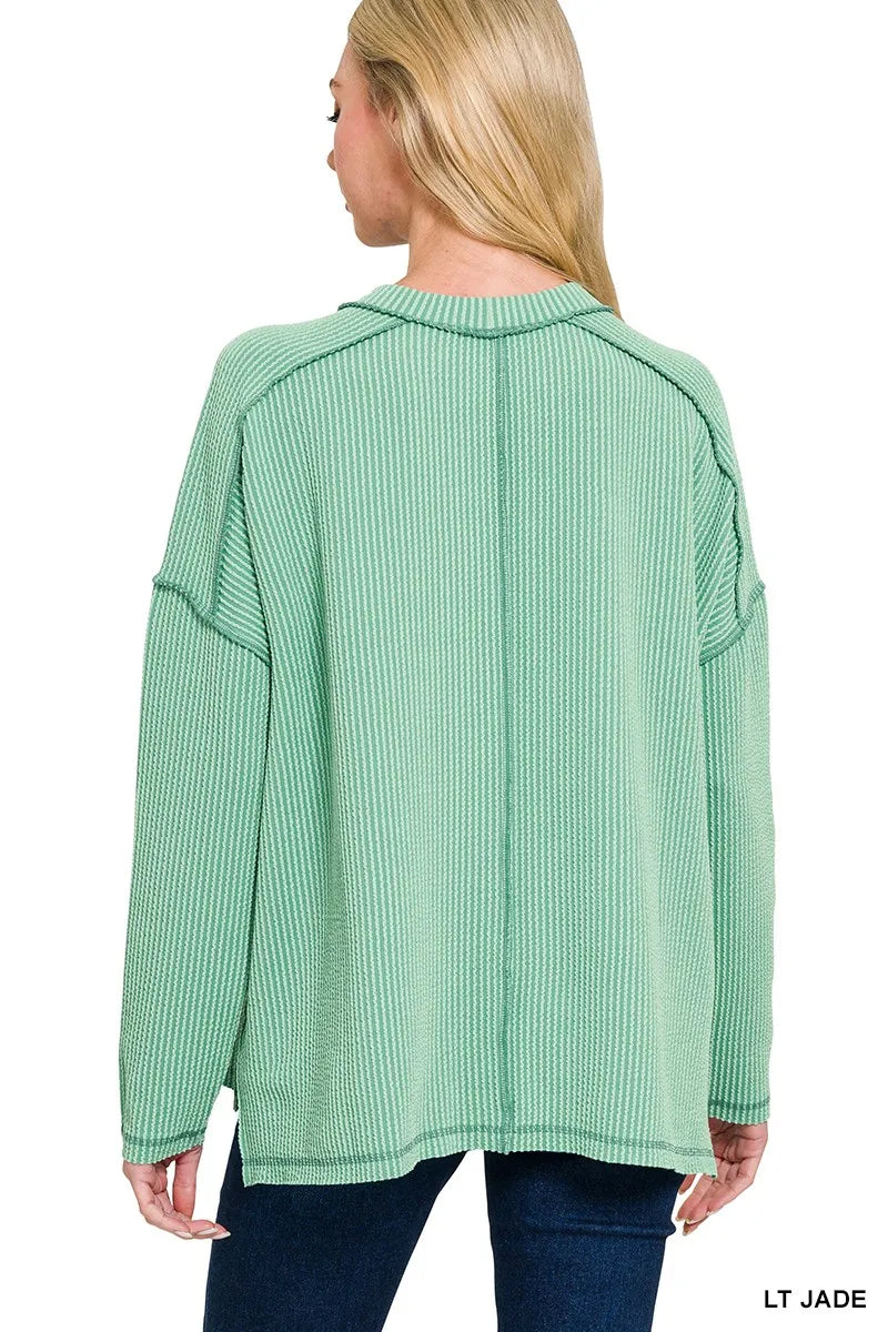 Image of Zenana Exposed Seam Long Sleeve Corded Rib Knit Top | Queeble.shop