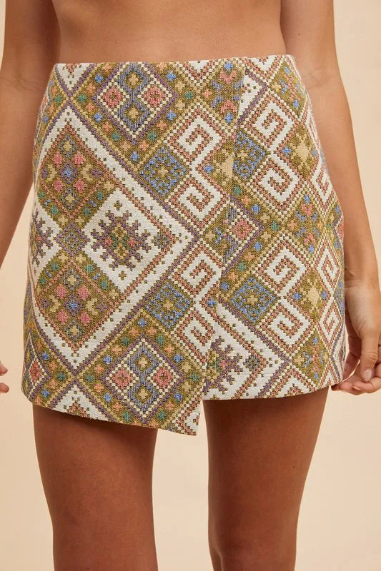 Image of Annie Wear Ethic Woven Jacquard Wrap Mini Skirt | Queeble.shop