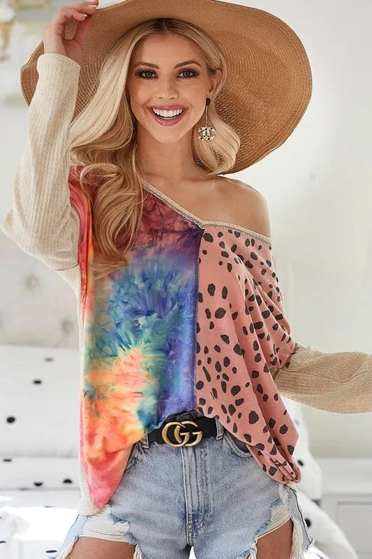 Image of BiBi Print Block V Neck Top with Contrast Stitching | Queeble.shop