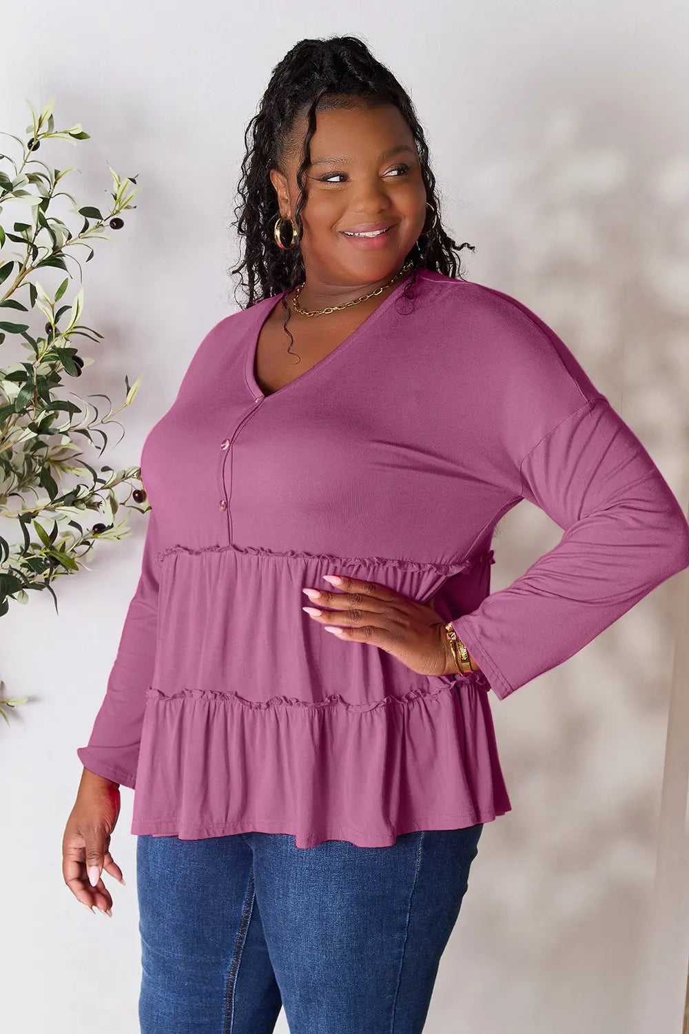 Image of Double Take Half Button Long Sleeve Ruffle Hem Blouse | Queeble.shop