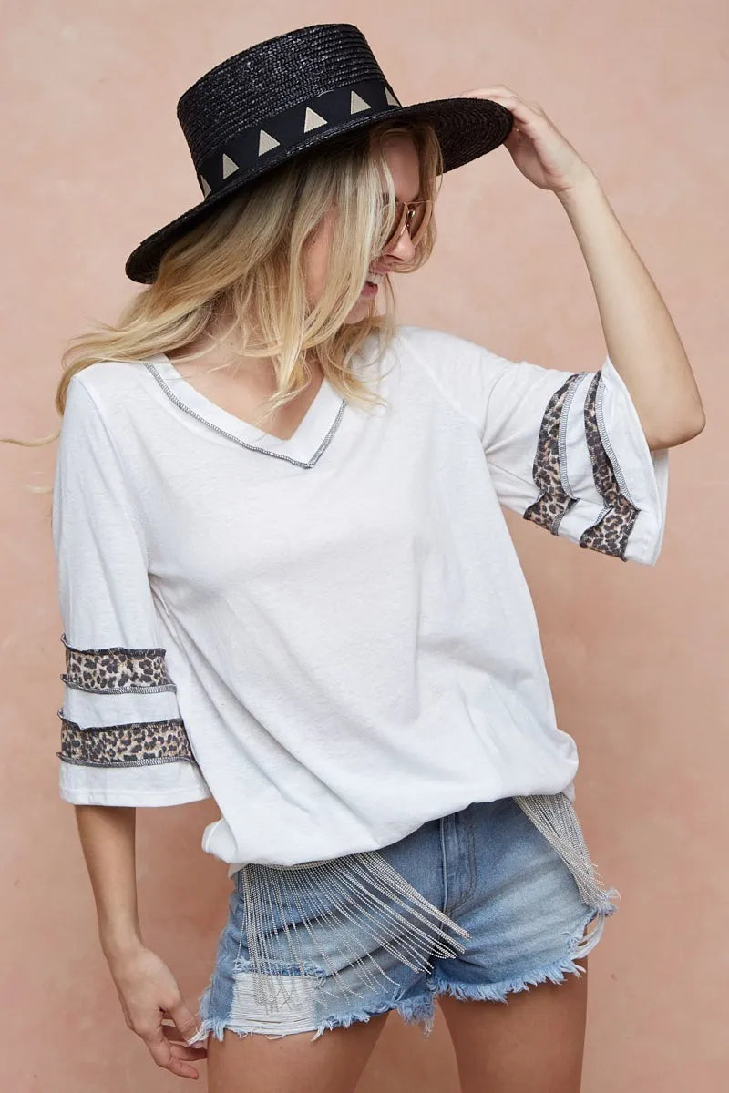Image of BiBi Triblend Knit Top with Leopard Band Detail | Queeble.shop