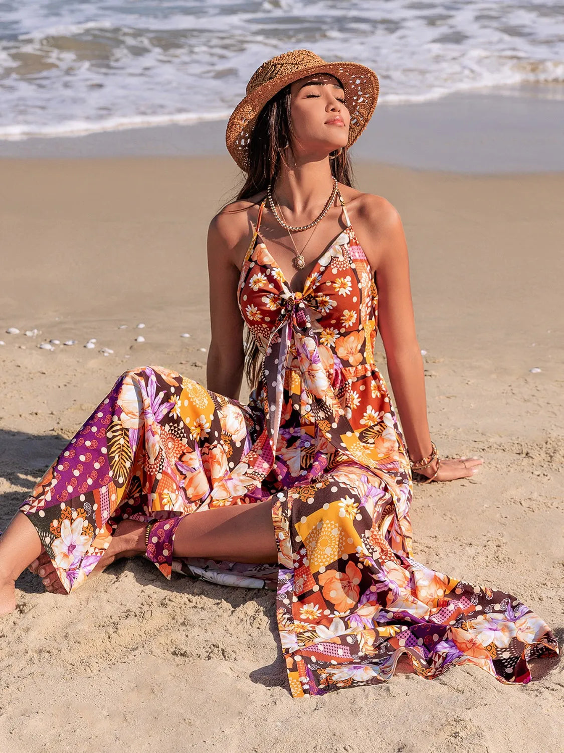 Image of Slit Printed Halter Neck Cami Dress | Queeble.shop
