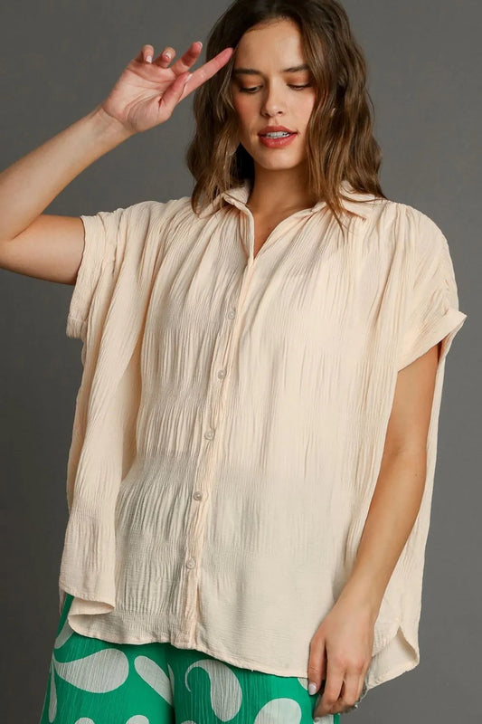 Image of Umgee Full Size Textured Button Down Short Sleeve Shirt Plus Size | Queeble.shop