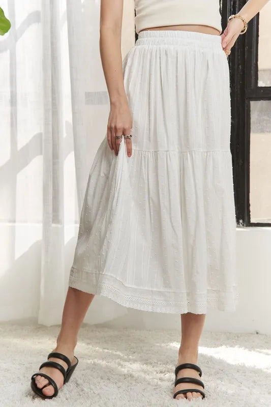 Image of ADORA Elastic Waistband Tiered Midi Skirt | Queeble.shop