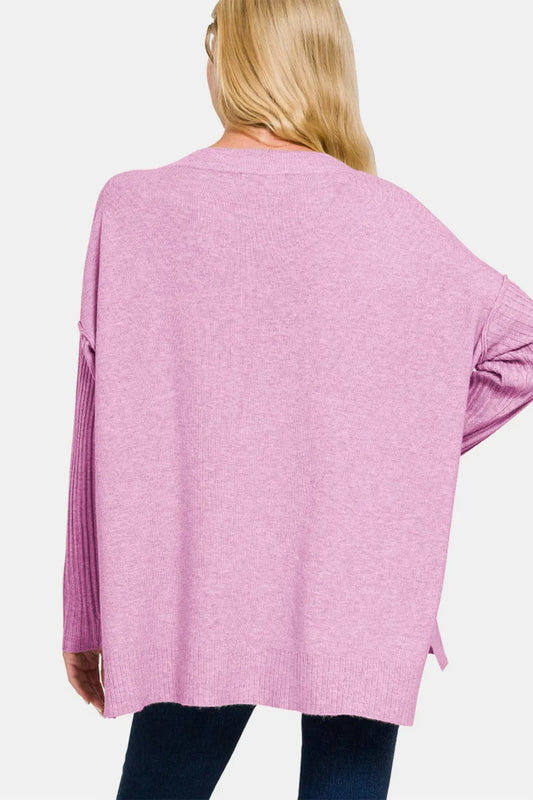 Image of Zenana V-Neck Side Slit High-Low Sweater | Queeble.shop