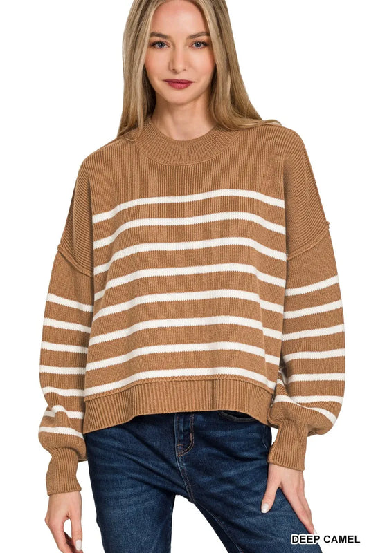 Image of Zenana Exposed Seam Striped Oversized Sweater | Queeble.shop