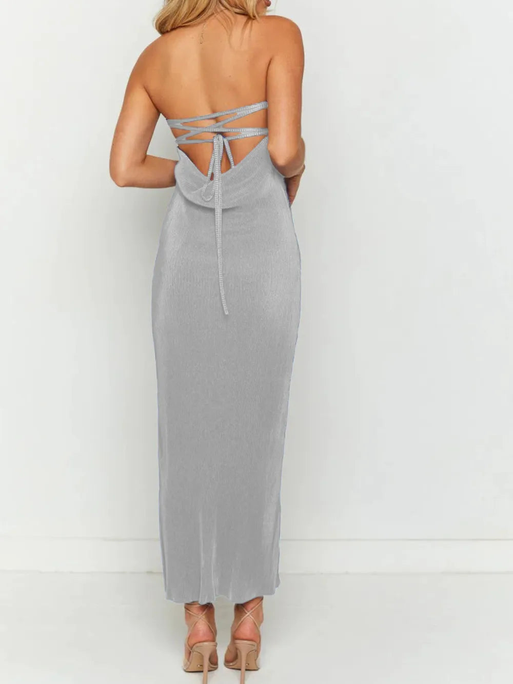 Image of Lace-Up Back Tube Maxi Dress | Queeble.shop
