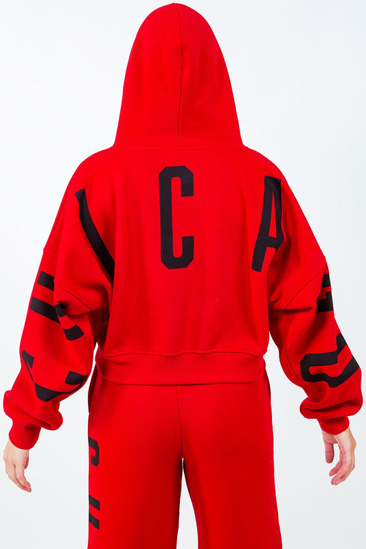 Image of American Bazi Letter Graphic Long Sleeve Drawstring Cropped Hoodie | Queeble.shop