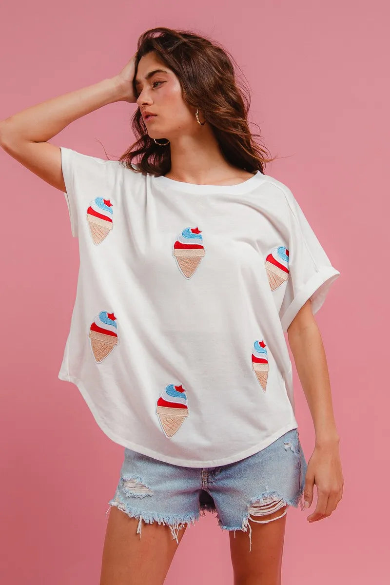 Image of BiBi Solid Terry With Fourth Of July Theme Patched Top | Queeble.shop