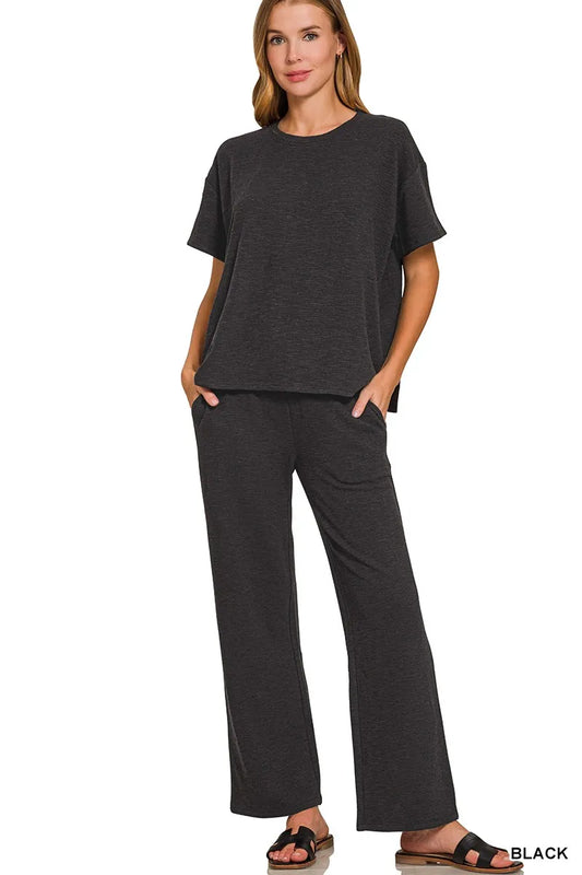 Image of Zenana Slub Short Sleeve T-Shirt and Pants Set | Queeble.shop