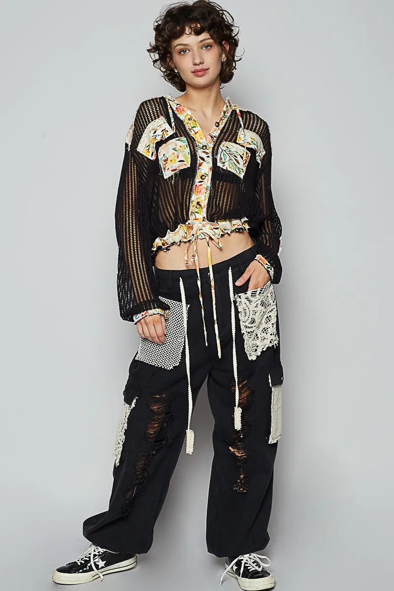 Image of POL Vintage Washed Crochet Hoodie Jacket With Patchwork | Queeble.shop